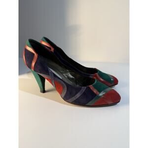 VTG 80s ZS Moda Denis Italian Patchwork Suede Pumps Heels Jewel Tone Size 37.5
